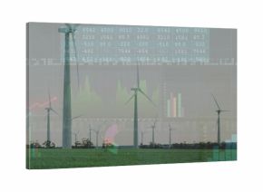 Displaying wind turbines with three-blade rotors rotating over grassy field, showing chart overlays