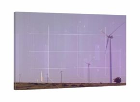 Displaying five wind turbines standing on grassland with data overlay, lone tree, low scrub