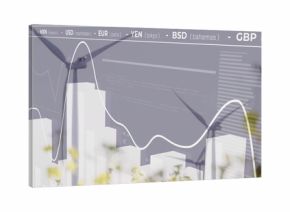Merging wind turbines with data charts at windfarm, yellow flowers, white line and bars, FX ticker