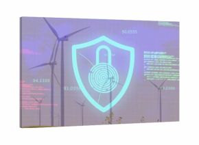 Showing HUD shield with padlock print over wind turbines on grass plain, showing code readouts