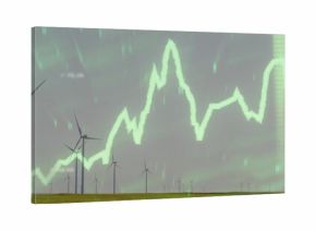 Displaying neon-green chart overlay with streaks over grassy plain at wind farm, turbines receding