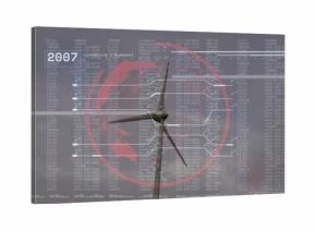 Showing wind turbine tower nacelle rotor at wind farm overlaying red globe data lines 2007 2020