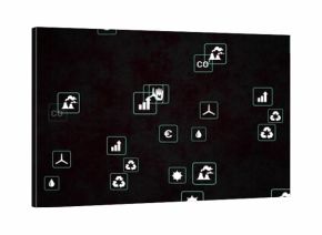 Displaying mint tiles cluster floating on dark canvas, showing charts, recycling, water, euro, CO2