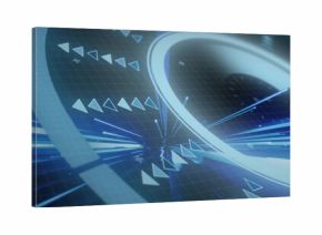 Dominating glowing white-blue ring pulsing on virtual grid, with radial streaks and chevrons