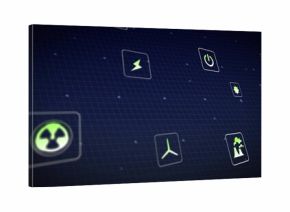 Displaying tiles on navy grid showing radioactive symbol left, glowing energy icons, copy space