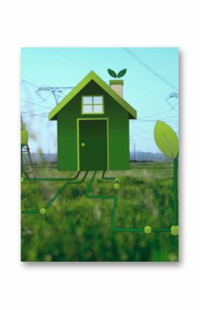 Image of green house ands plants over electricity pylons in landscape