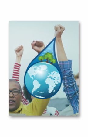 Image of fight climate change placards and earth water drops over diverse group at protest