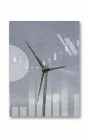 Digital image of financial data processing over windmill spinning against blue background