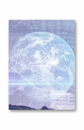 Image of data processing binary coding over globe and wind turbine