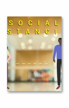 Illustration of diverse individuals practicing social distancing in public space