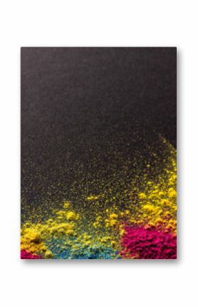 Close up of multi coloured powder and copy space on black background