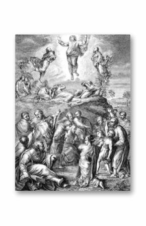 An engraved illustration image of Jesus Christ's resurrection Ascension into Heaven, from a vintage Victorian book dated 1883 that is no longer in copyright