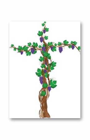 Floral grapevine cross, grape clusters on a vine tree in a shape of a cross. Christian religious graphic element with copy space for text.