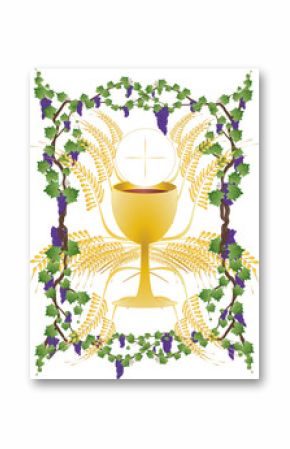 Eucharist symbols of bread and wine, chalice and host with wheat ears and grapes vine. FIrst communion christian color vector illustration.