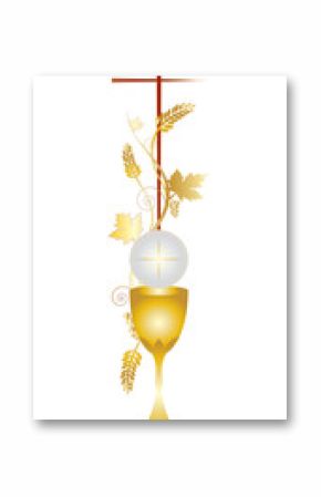 Eucharist symbols of bread and wine, chalice and host with wheat ears and vine. FIrst communion christian color vector illustration.
