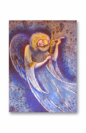 The girl an angel plays a soul melody on a violin. The image of an angel on is violet a blue background