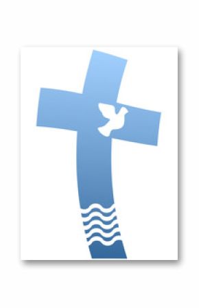 Blaues Kreuz mit Taube und Wasser.
