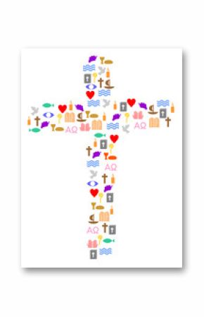 Kreuz mit bunten christlichen Symbolen