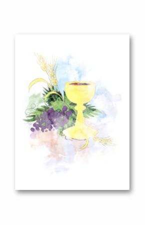 Eucharist - first Communion abstract artistic digital illustration with chalice and host, bread and wine, grapes and wheat ears. Made without reference image.