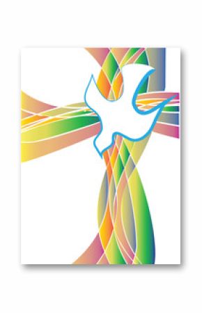 Holy Spirit symbol - a white dove with a cross made of colorful rays in church stained glass window style