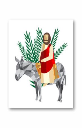 Palm Sunday - The Triumphal Entry of Jesus into Jerusalem on a donkey with palm leaves. Modern abstract artistic digital illustration