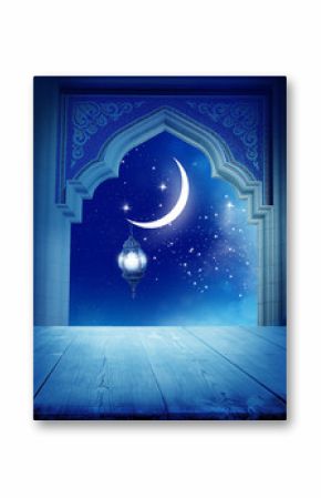 Ramadan Kareem background..Mosque window with shiny crescent moon and wooden table