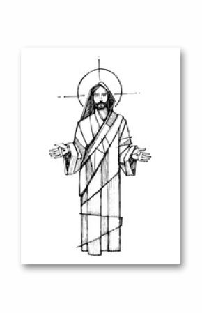 Ink illustration of Jesus Christ with open hands