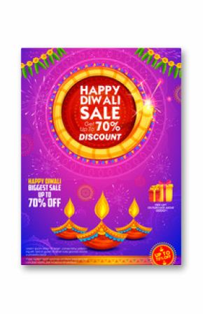 Burning diya on Happy Diwali Holiday Sale promotion advertisement background for light festival of India