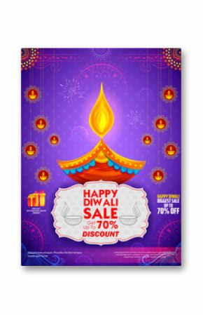 Burning diya on Happy Diwali Holiday Sale promotion advertisement background for light festival of India