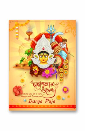 Goddess Durga in Happy Dussehra background with bengali text Durgapujor Shubhechha meaning Happy Durga Puja