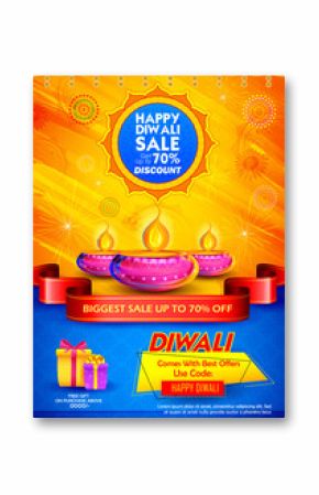 Burning diya on Happy Diwali Holiday Sale promotion advertisement background for light festival of India