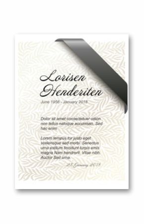 Funeral card template with golden leafs background and black ribbon in the corner