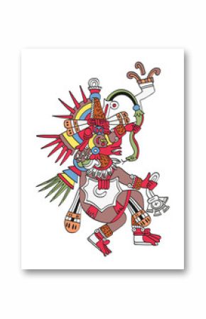 Quetzalcoatl, the feathered serpent. God of Wind and Wisdom. Twin brother of Tezcatlipoca. Deity as depicted in the antique Aztec manuscript painting Codex Borbonicus. Illustration over white. Vector.