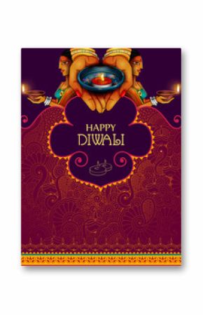 Illustration of lady holding decorated diya for Happy Diwali holiday background