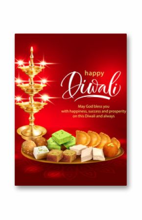 Happy Diwali background with gilt diya and traditional sweets – laddu, gulab jamun, gujiya, halwa, barfi. Vector illustration. 