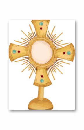 Displaying golden monstrance with host, sunburst rays and gemstone arms on transparent background