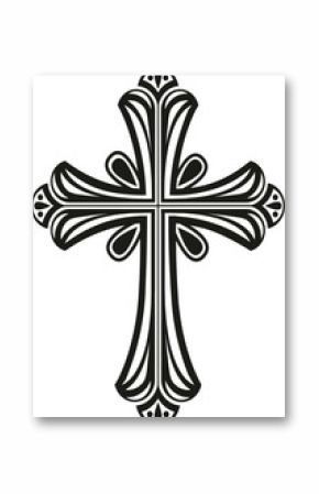 Line art Christian cross is floating on transparent background, with flourishes, teardrop accents