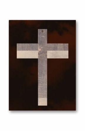 Flat wooden Christian cross is suspended against dark gradient backdrop, showing rough texture