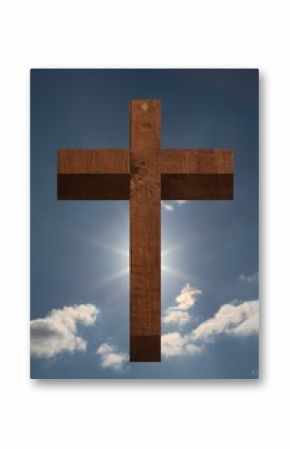Flat design wooden Christian cross is rising against blue sky with sunburst and clouds, copy space