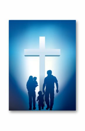 christian family walking towards a cross