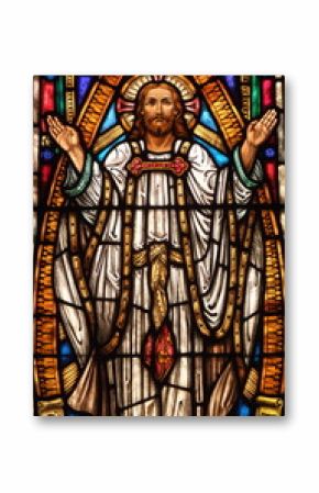 Stained Glass window of Jesus holding his hands up