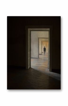 Silhouette in a corridor in front of a closed door.