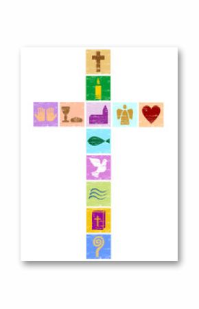 buntes christliches Kreuz mit diversen Symbolen