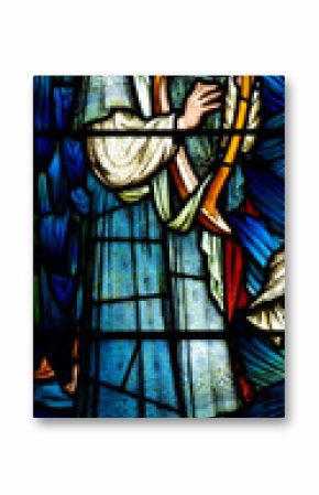 An angel making music with a harp (stained glass)