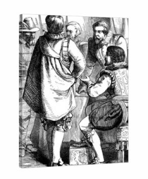 An engraved illustration image of  Guy Fawkes appearing before James I after the 5th of November Gunpowder plot on Bonfire Night from a Victorian book dated 1868 that is no longer in copyright