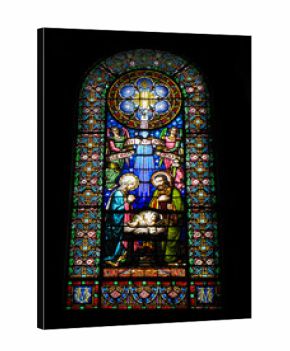 Nativity scene. Stained glass window in the  Basilica of  the   Monastery  Montserrat, located in the mountains 56 km from Barcelona, Catalonia, Spain. 