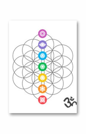 Colorful chakra icons on Sacred geometry design