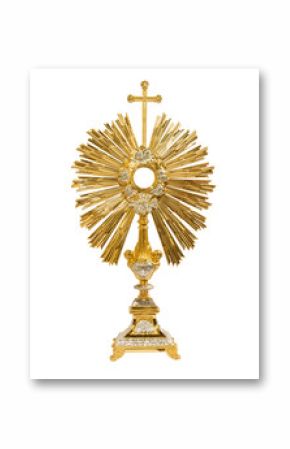 Old gold monstrance Jesus body on white background