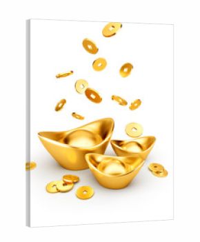 Gold Coins Dropping on Gold Sycee - Yuanbao