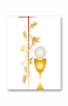 First communion vector color design illustration, with vine grapes and wheat ears and a candle, with white flowers and chalice with a host